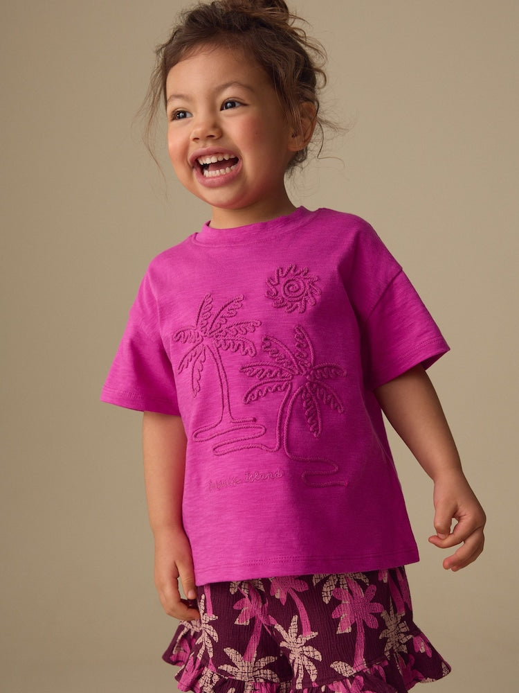 Pink/Purple Palm Tree Embroidery Short Sleeve Top and Shorts Set (3mths-7yrs)