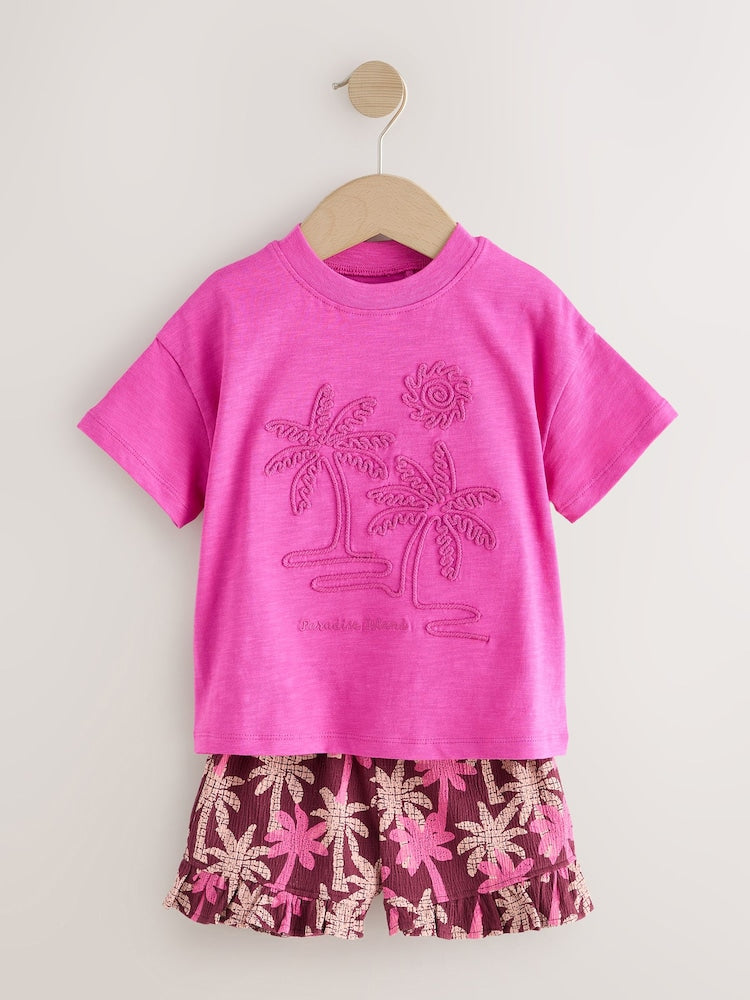 Pink/Purple Palm Tree Embroidery Short Sleeve Top and Shorts Set (3mths-7yrs)