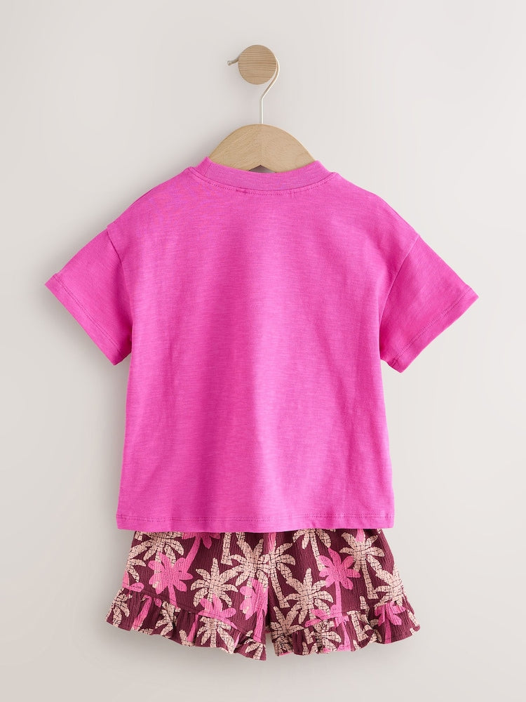 Pink/Purple Palm Tree Embroidery Short Sleeve Top and Shorts Set (3mths-7yrs)