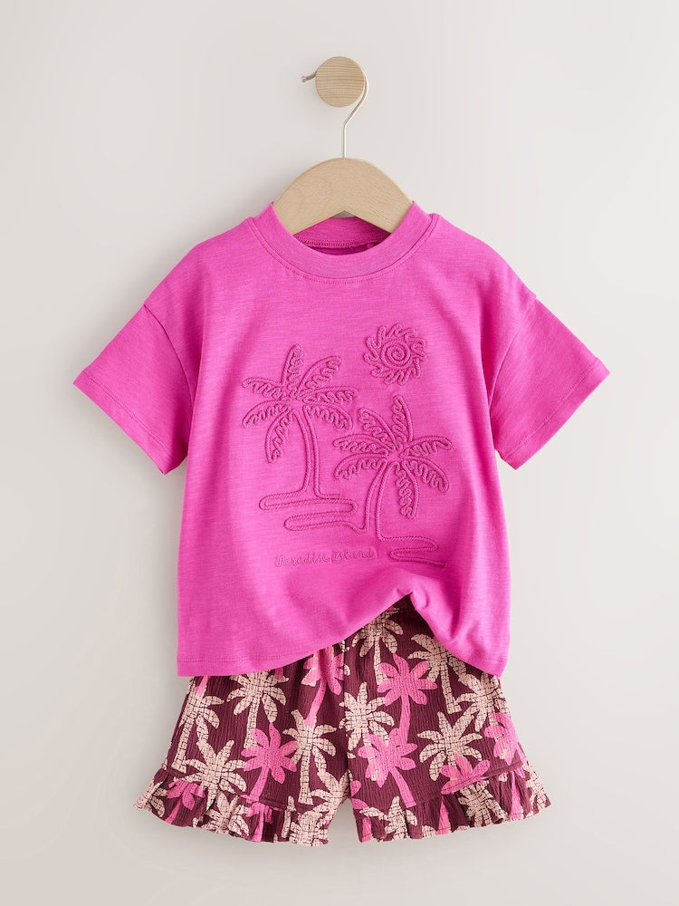 Pink/Purple Palm Tree Embroidery Short Sleeve Top and Shorts Set (3mths-7yrs)