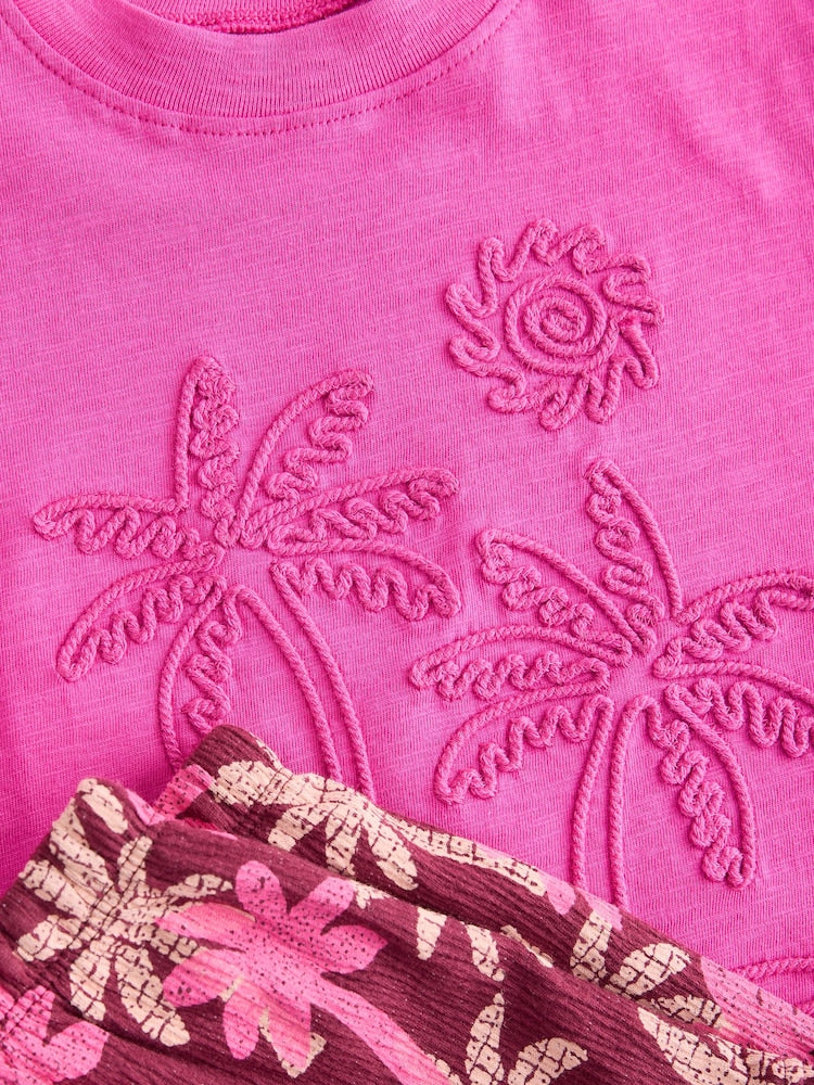 Pink/Purple Palm Tree Embroidery Short Sleeve Top and Shorts Set (3mths-7yrs)
