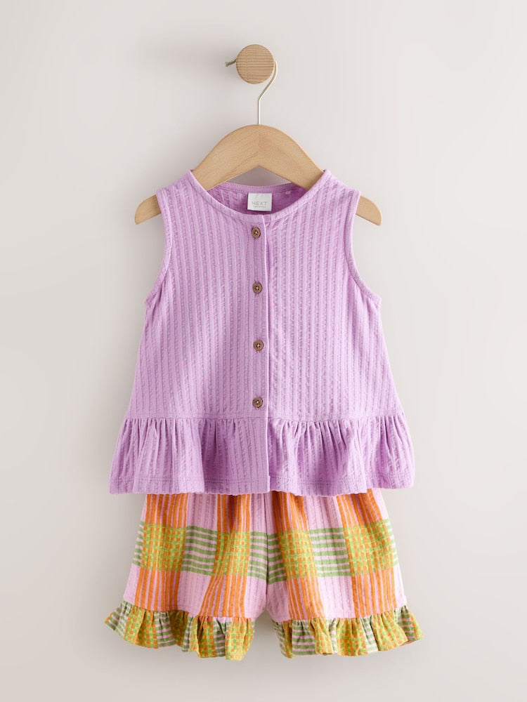 Lilac Purple Check Peplum Vest and Shorts Set (3mths-7yrs)