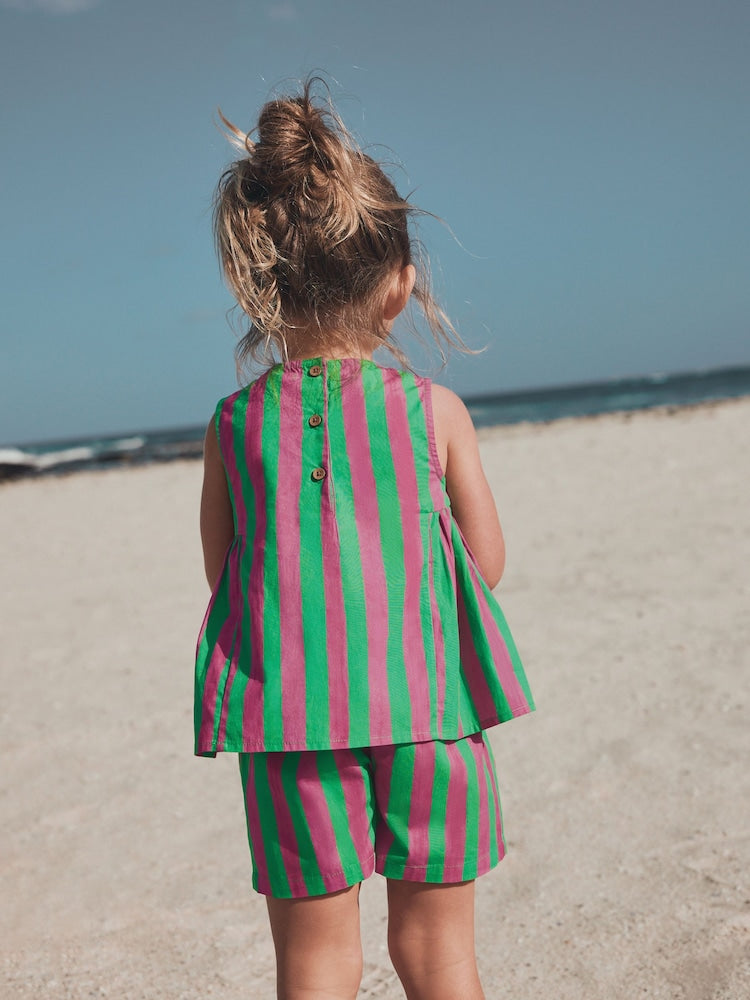 Pink/Green Stripe Embroided Shorts And Top Set (3mths-7yrs)