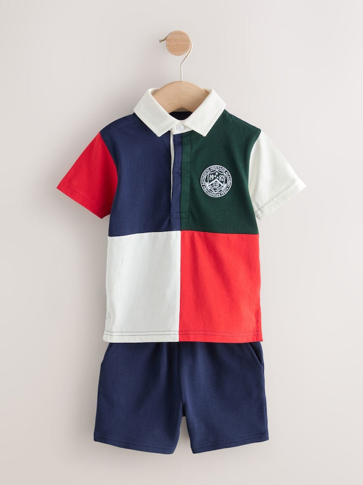 Red/Blue/Green Colourblock Short Sleeve Polo Shirt and Shorts Set (3mths-7yrs)