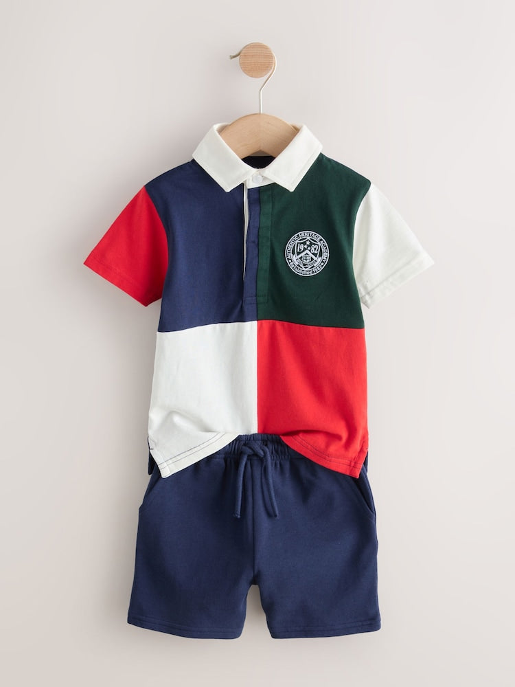 Red/Blue/Green Colourblock Short Sleeve Polo Shirt and Shorts Set (3mths-7yrs)