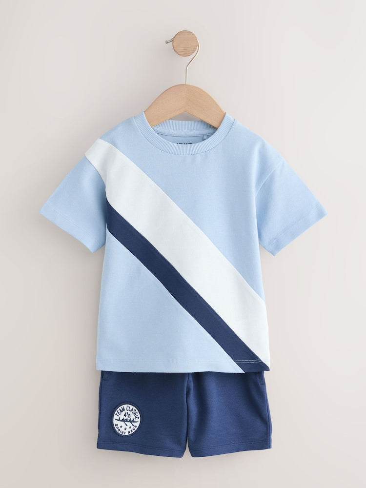 Blue Diagonal Stripe Short Sleeve T-Shirt and Shorts Set (3mths-7yrs)