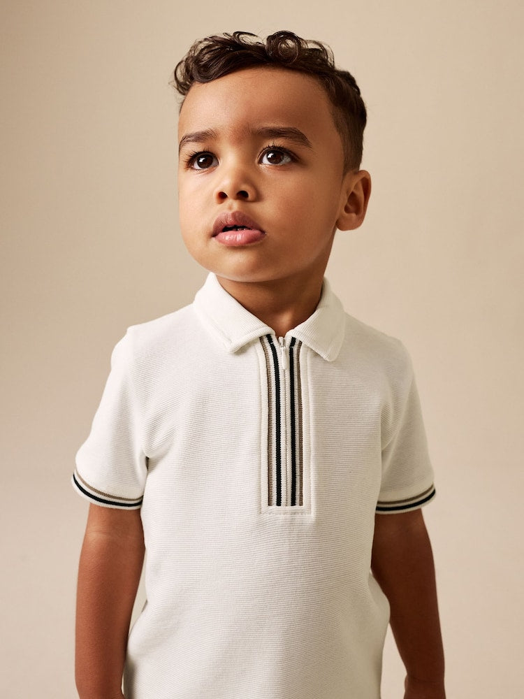 White Zip Neck Short Sleeve Polo Shirt And Shorts Set (3mths-7yrs)