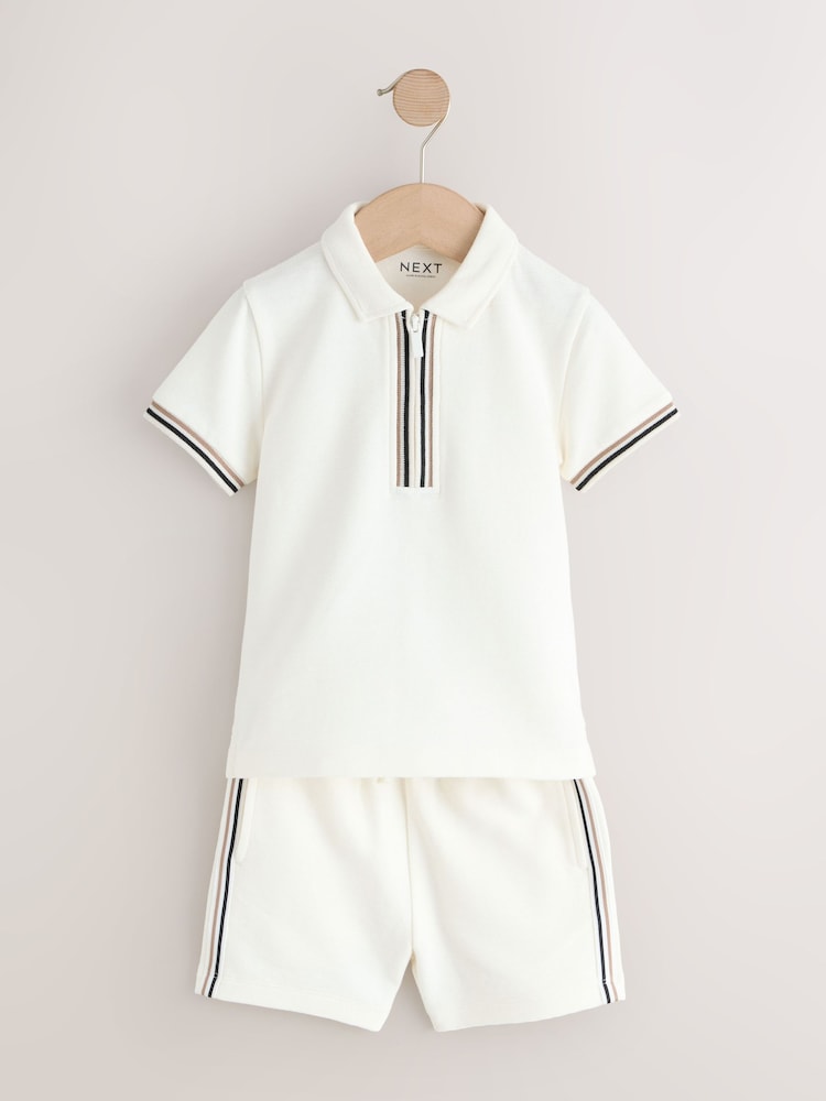White Zip Neck Short Sleeve Polo Shirt And Shorts Set (3mths-7yrs)
