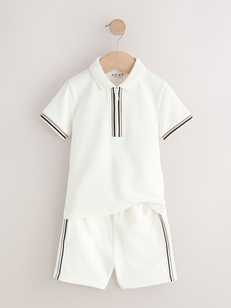 White Zip Neck Short Sleeve Polo Shirt And Shorts Set (3mths-7yrs)
