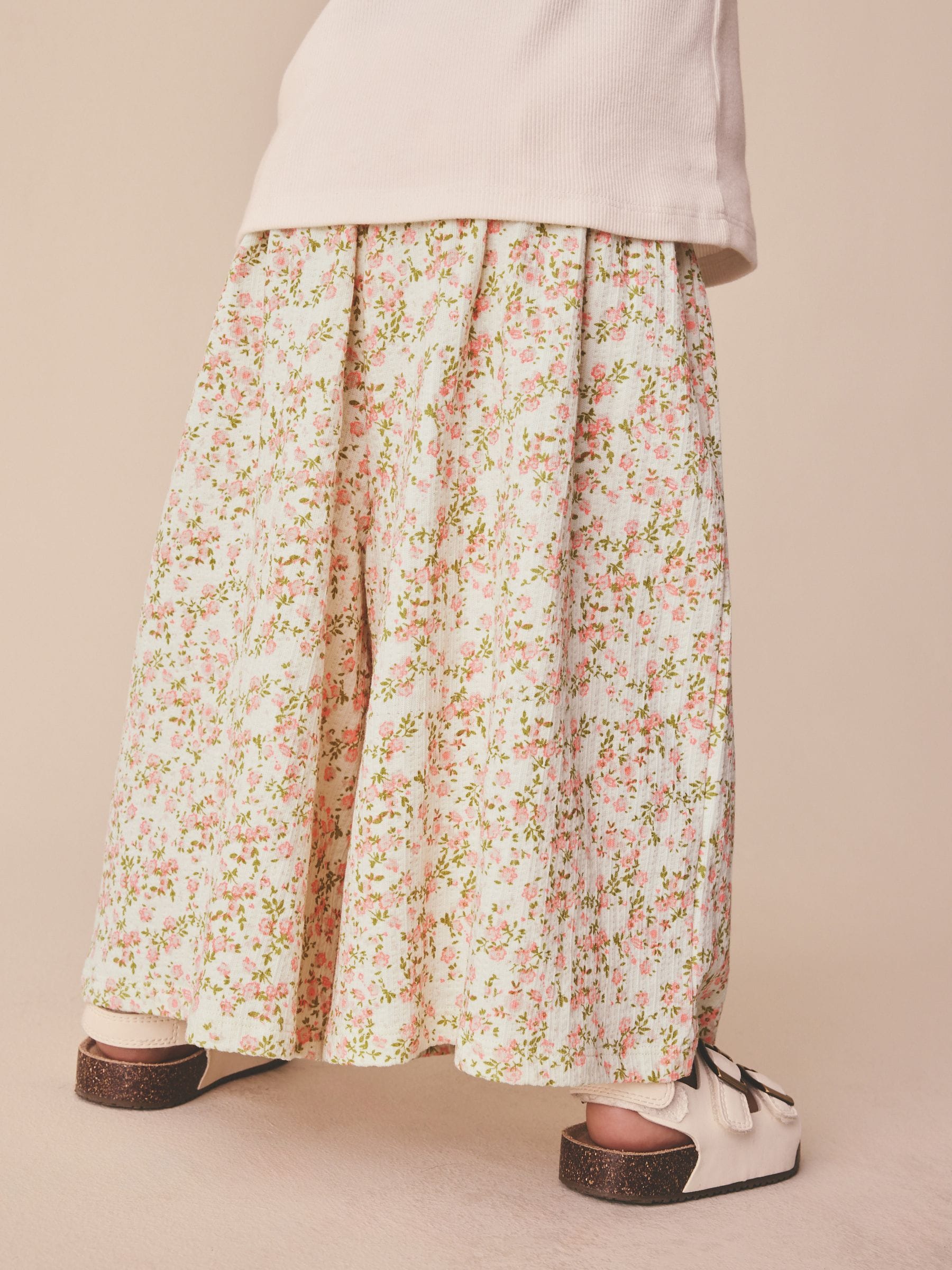 Ecru White Ditsy Floral Wide Leg Trousers (3mths-7yrs) - Size 3-6 Months (62-68cm)