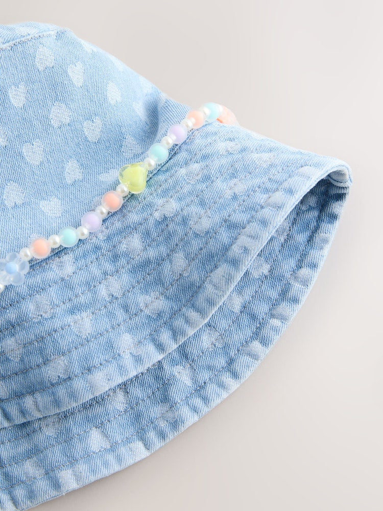 Blue/ Cream Heart Beaded Pattern Bucket Hat (3mths-13yrs)