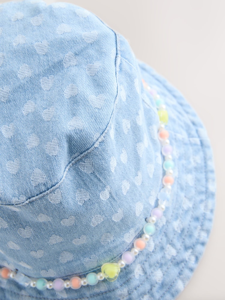 Blue/ Cream Heart Beaded Pattern Bucket Hat (3mths-13yrs)
