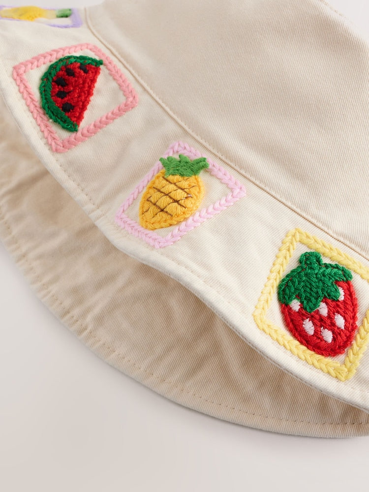 Cream/ Fruit Embroidered Bucket Hat (3-10yrs)