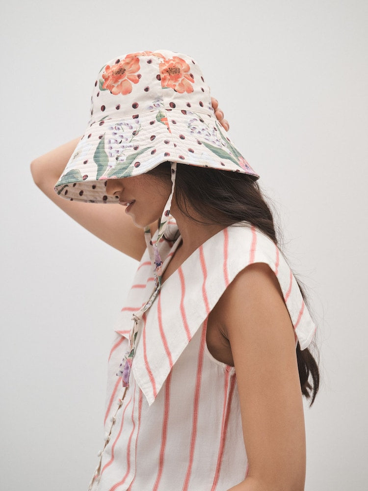 Polka Dot Floral Oversized Bucket Hat - Size S-M (UK 8-14) - Polka Dot Floral