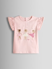 JoJo Maman Bébé Pink Ballerina Appliqué Frill Shoulder T-Shirt - Size 6-12 Months (68-80cm)