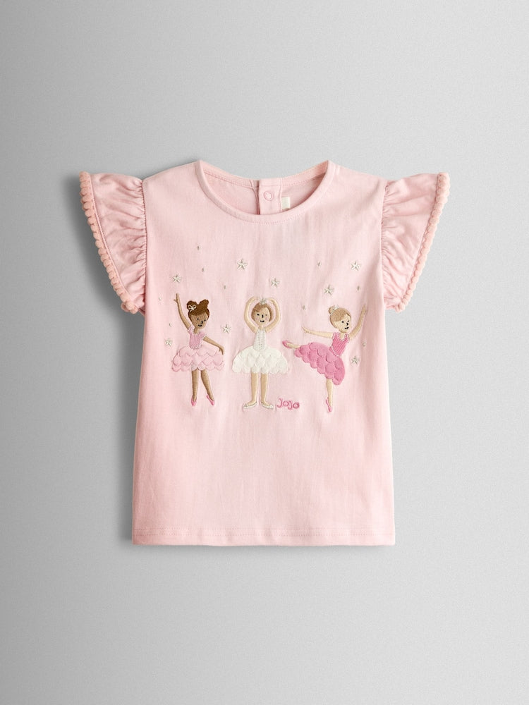 JoJo Maman Bébé Pink Ballerina Appliqué Frill Shoulder T-Shirt - Size 6-12 Months (68-80cm)