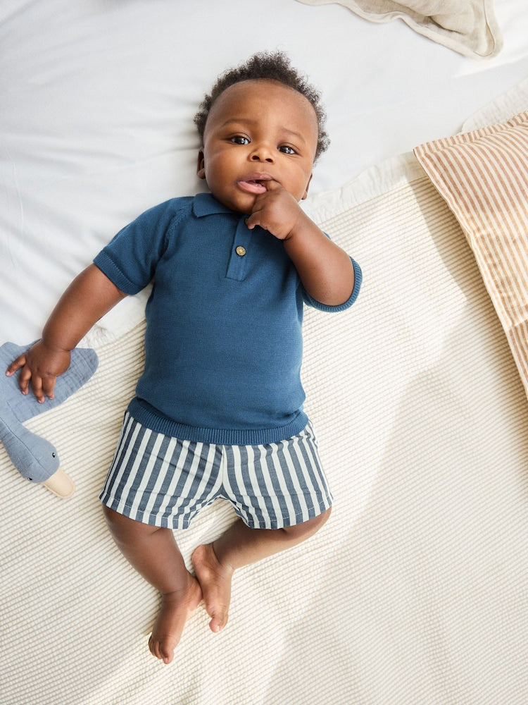 Navy Blue Knitted Top and Woven Shorts Baby Set (0mths-2yrs)