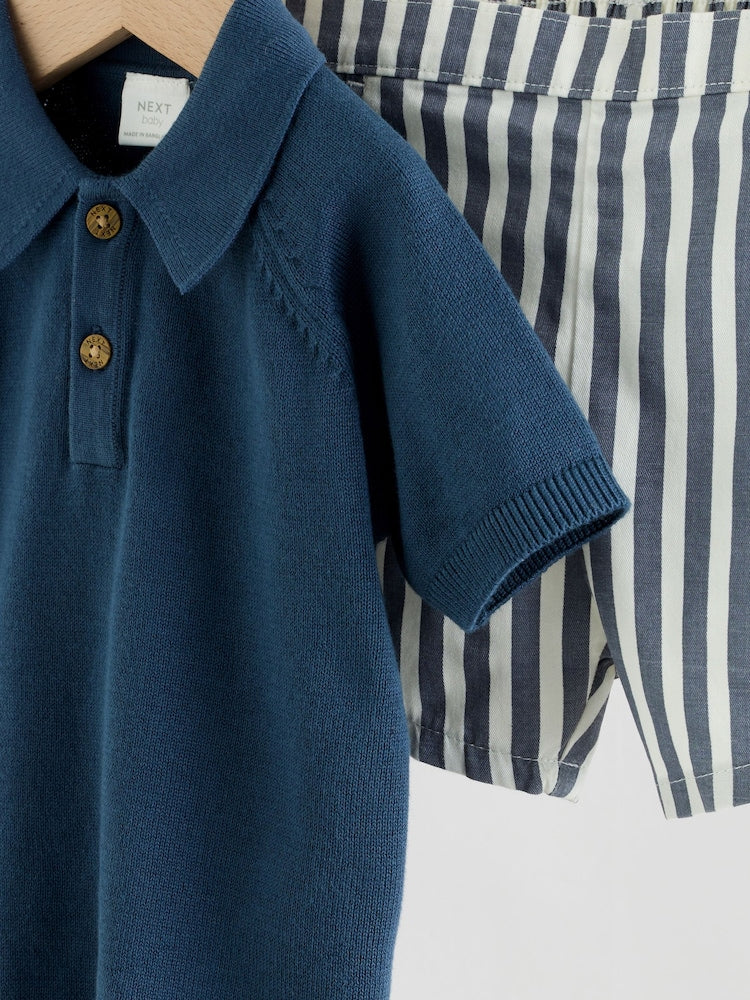Navy Blue Knitted Top and Woven Shorts Baby Set (0mths-2yrs)