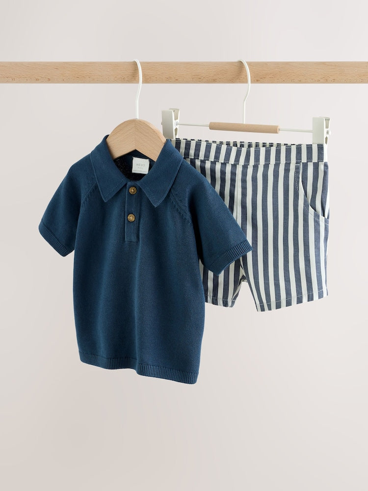 Navy Blue Knitted Top and Woven Shorts Baby Set (0mths-2yrs)