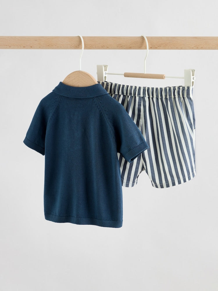 Navy Blue Knitted Top and Woven Shorts Baby Set (0mths-2yrs)