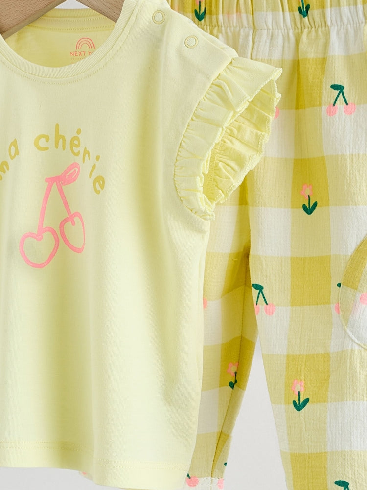 Yellow Cherry Short Sleeve Baby Tops and Wide Leg Leggings Set 2 Piece (0mths-2yrs)