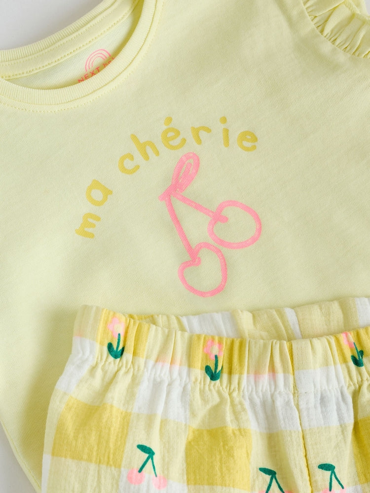 Yellow Cherry Short Sleeve Baby Tops and Wide Leg Leggings Set 2 Piece (0mths-2yrs)