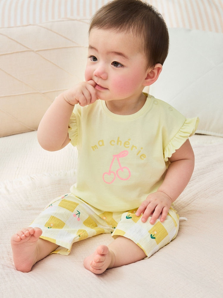 Yellow Cherry Short Sleeve Baby Tops and Wide Leg Leggings Set 2 Piece (0mths-2yrs)