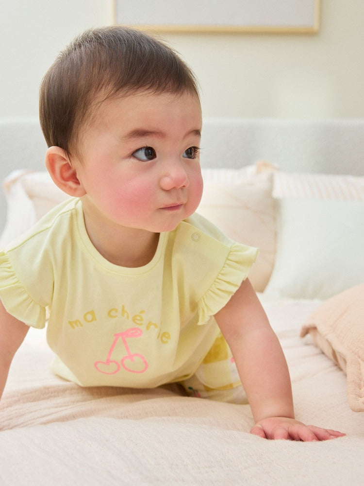 Yellow Cherry Short Sleeve Baby Tops and Wide Leg Leggings Set 2 Piece (0mths-2yrs)