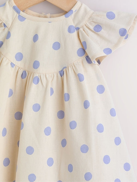 Blue/Ecru Spot Woven Baby Dress And Knickers Set 2 Piece (0mths-3yrs)