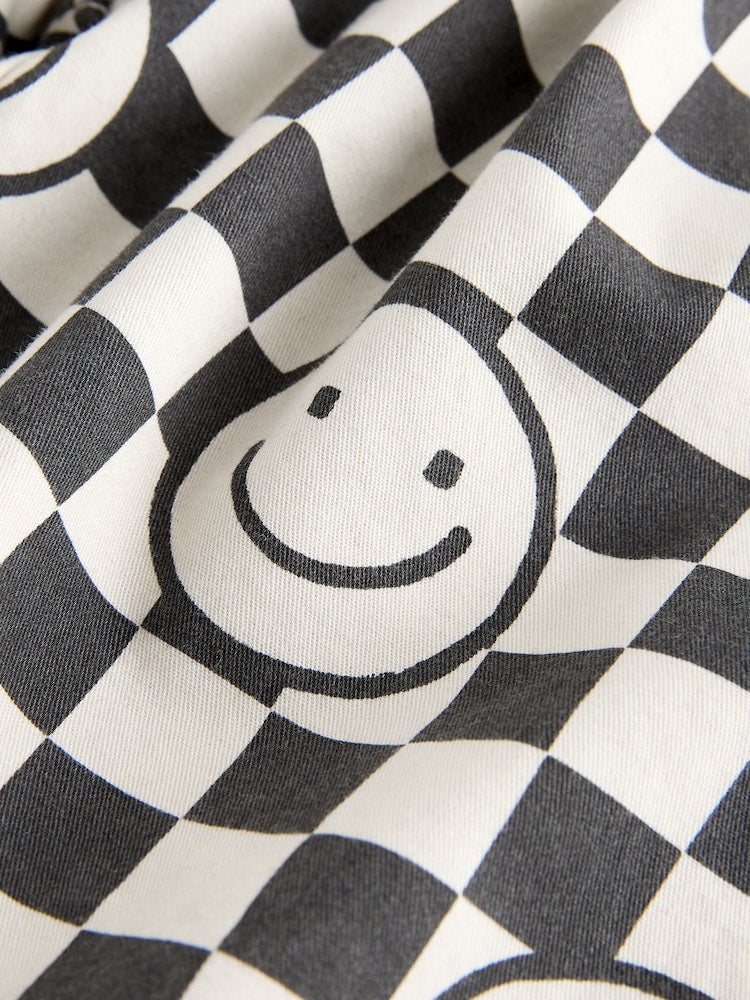 Black/Neutral Happy Face Checkerboard Barrel Pull On Trousers (3mths-7yrs)