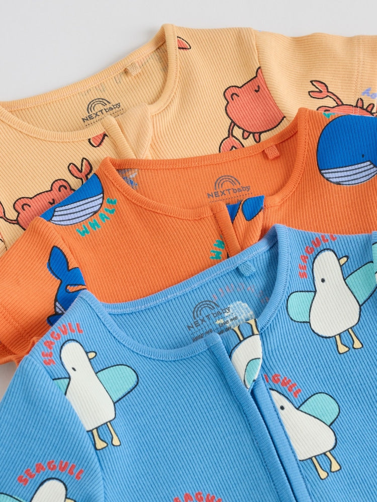 Blue/Yellow Two Way Zip Baby Rompers 3 Pack (0mths-3yrs)