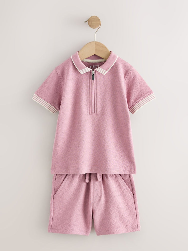 Pink Zip Neck Short Sleeve Polo Shirt And Shorts Set (3mths-7yrs)