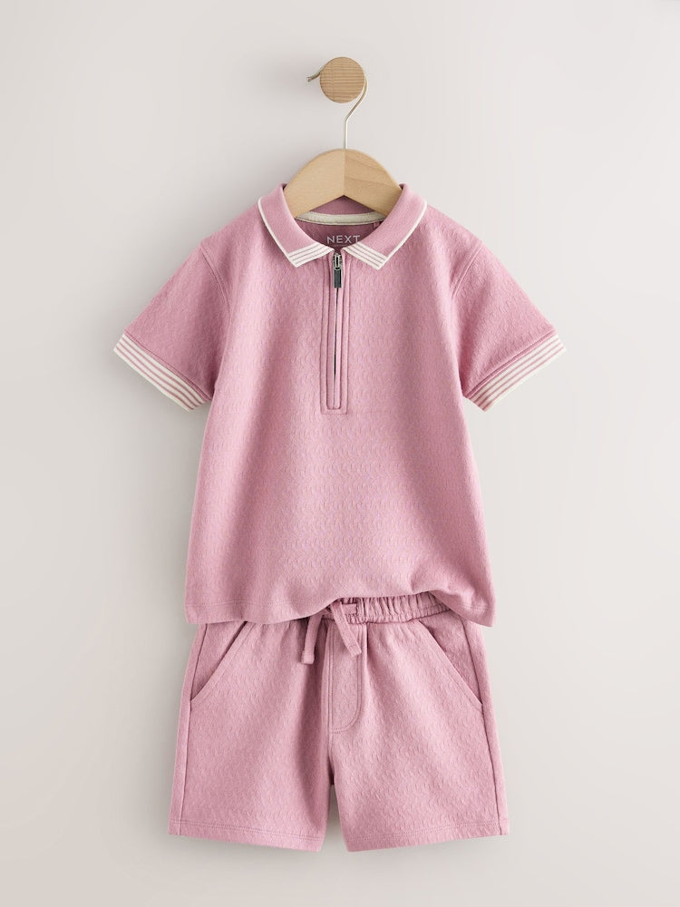 Pink Zip Neck Short Sleeve Polo Shirt And Shorts Set (3mths-7yrs)