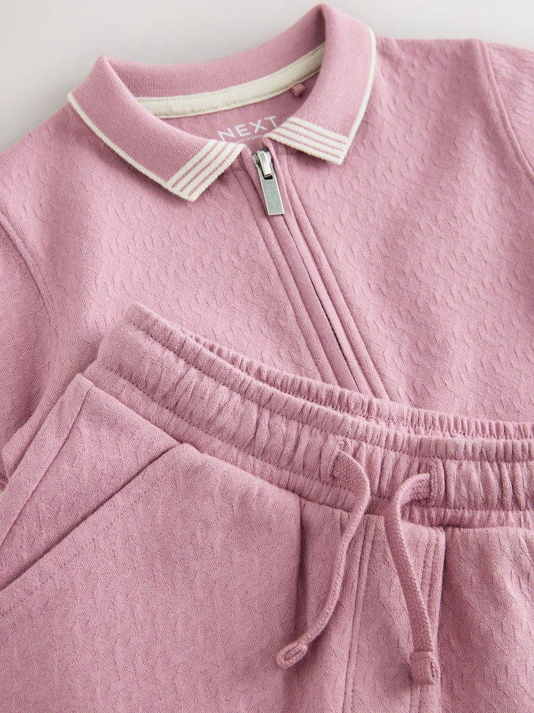 Pink Zip Neck Short Sleeve Polo Shirt And Shorts Set (3mths-7yrs)