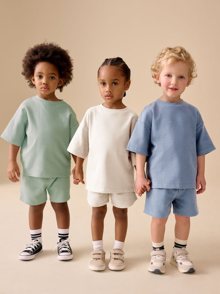 Blue/Green/Neutral Textured Short Sleeve T-Shirt and Shorts Set 3 Pack (3mths-7yrs)