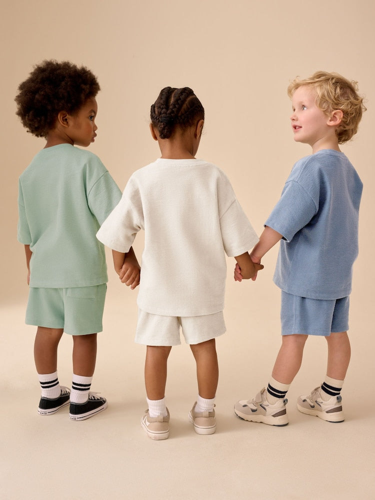 Blue/Green/Neutral Textured Short Sleeve T-Shirt and Shorts Set 3 Pack (3mths-7yrs)