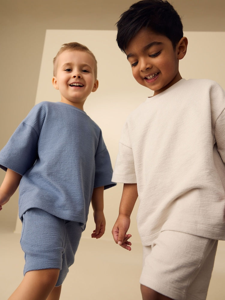 Blue/Green/Neutral Textured Short Sleeve T-Shirt and Shorts Set 3 Pack (3mths-7yrs)