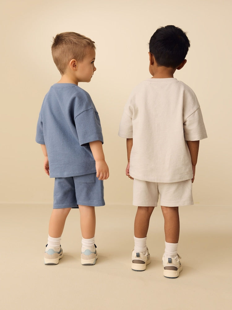 Blue/Green/Neutral Textured Short Sleeve T-Shirt and Shorts Set 3 Pack (3mths-7yrs)