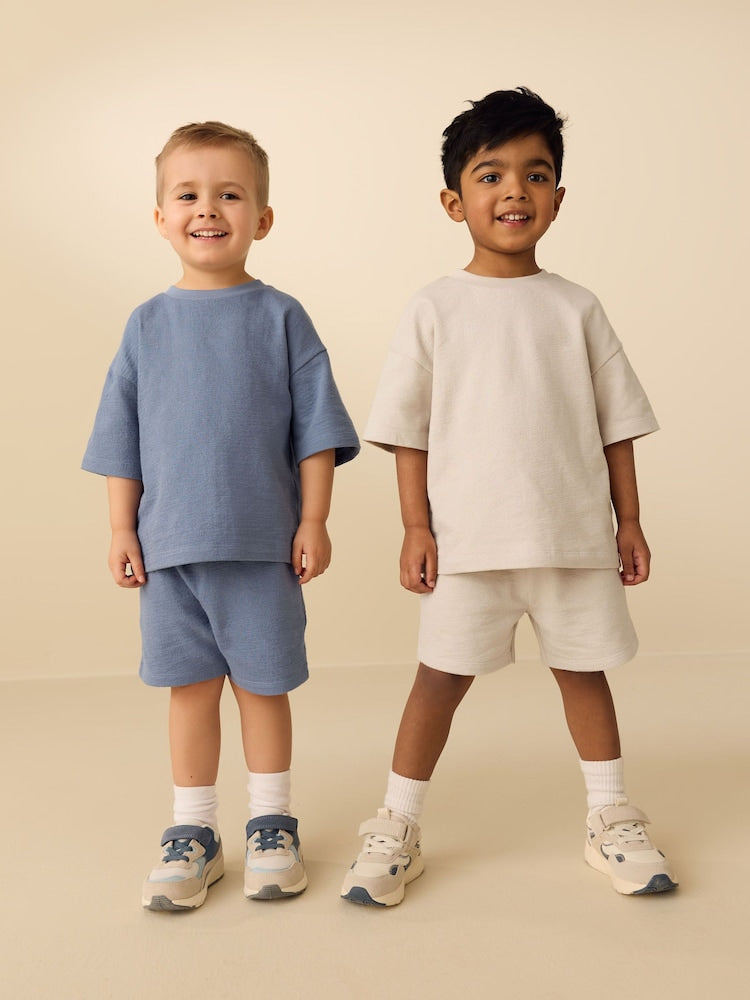 Blue/Green/Neutral Textured Short Sleeve T-Shirt and Shorts Set 3 Pack (3mths-7yrs)
