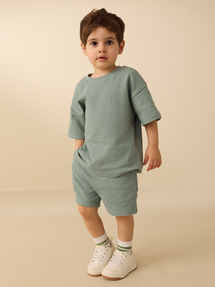 Blue/Green/Neutral Textured Short Sleeve T-Shirt and Shorts Set 3 Pack (3mths-7yrs)