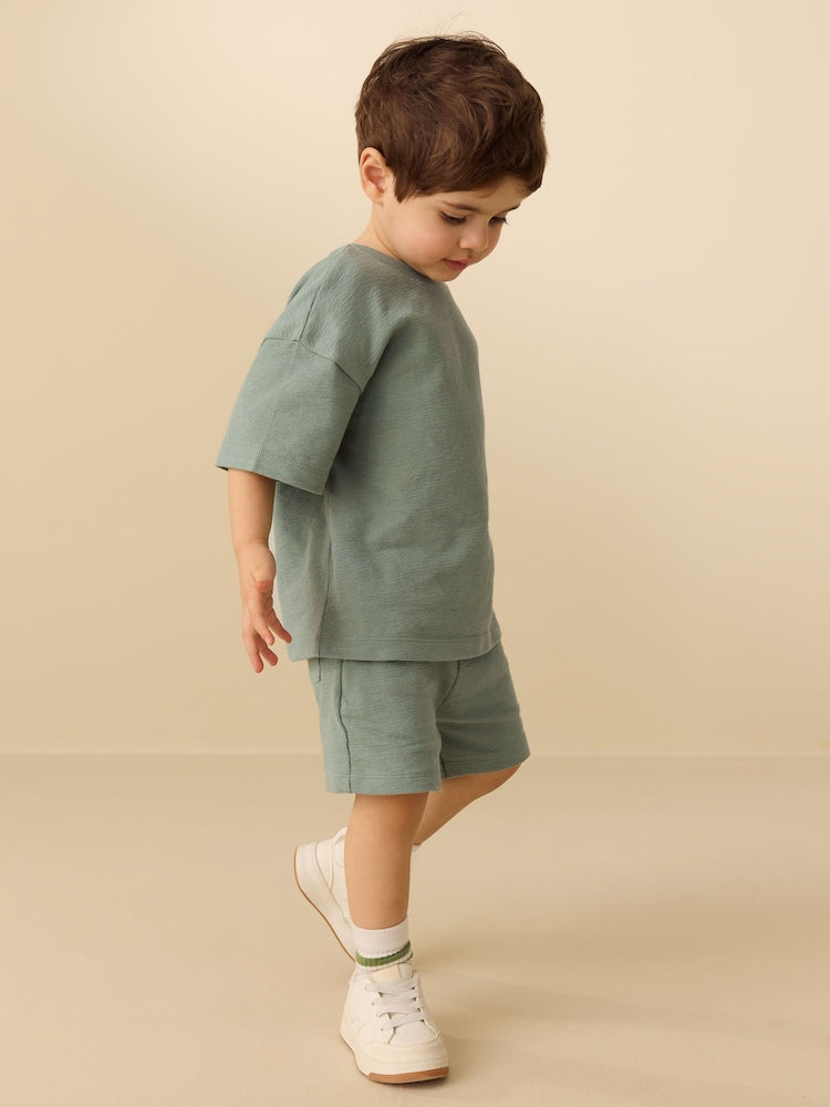 Blue/Green/Neutral Textured Short Sleeve T-Shirt and Shorts Set 3 Pack (3mths-7yrs)