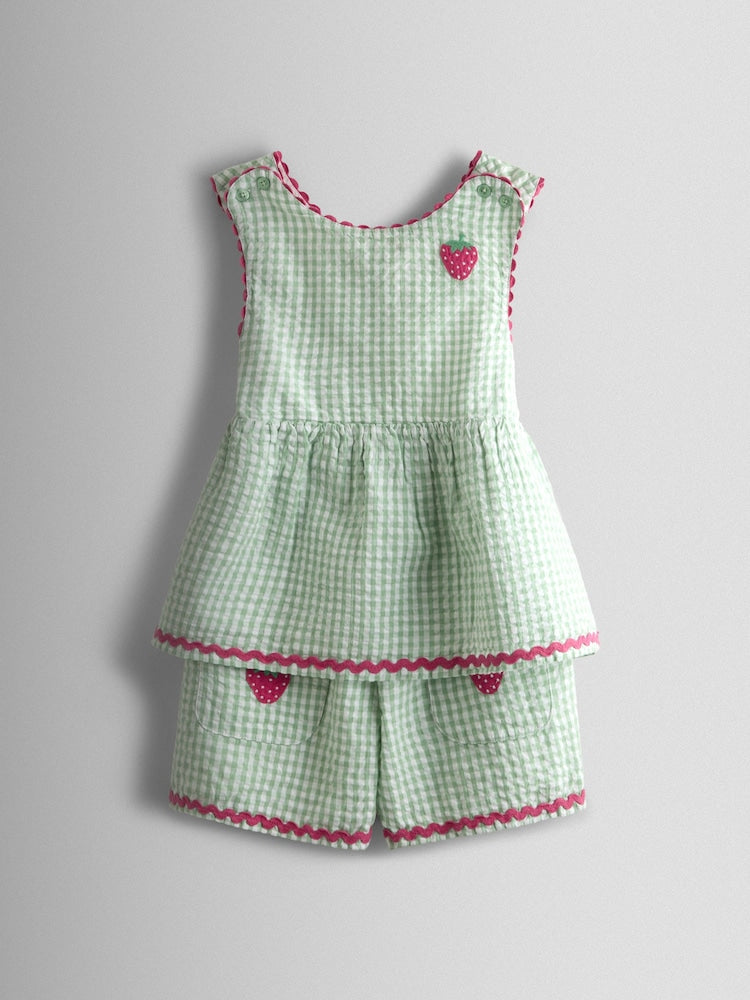 JoJo Maman Bébé Green Gingham Strawberry Cross Back Appliqué Top & Short Set - 12-18 Months (80-86cm)