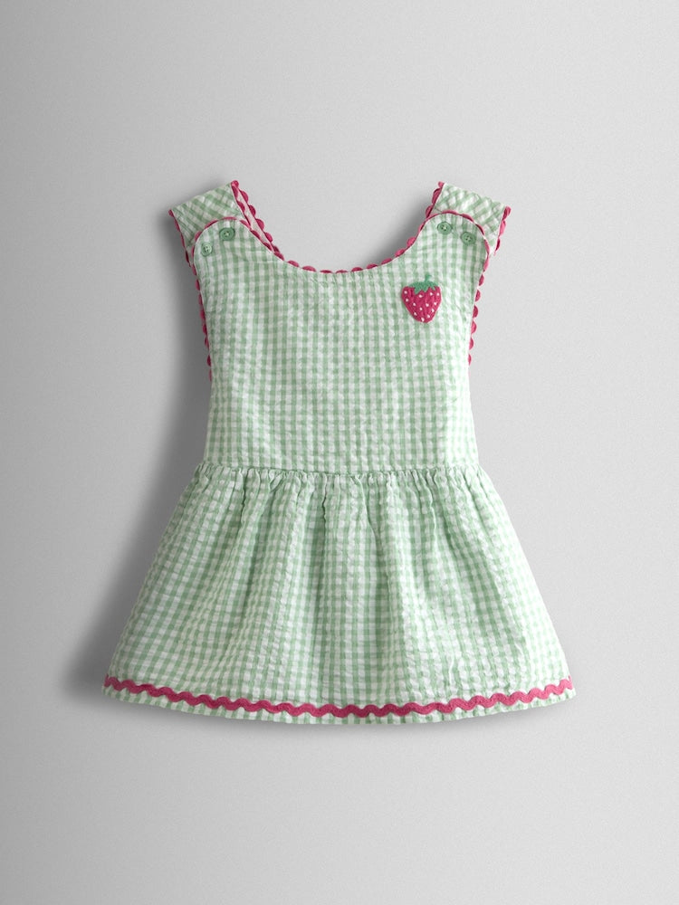 JoJo Maman Bébé Green Gingham Strawberry Cross Back Appliqué Top & Short Set