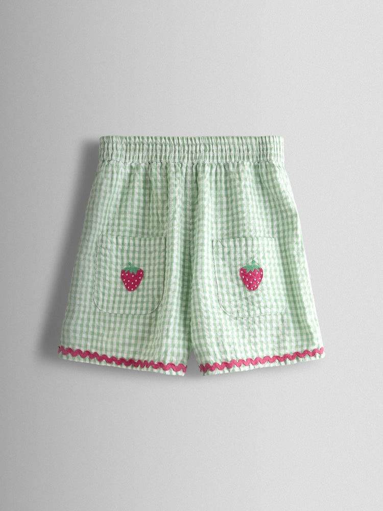 JoJo Maman Bébé Green Gingham Strawberry Cross Back Appliqué Top & Short Set