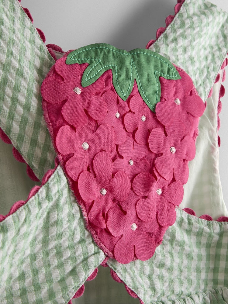 JoJo Maman Bébé Green Gingham Strawberry Cross Back Appliqué Top & Short Set