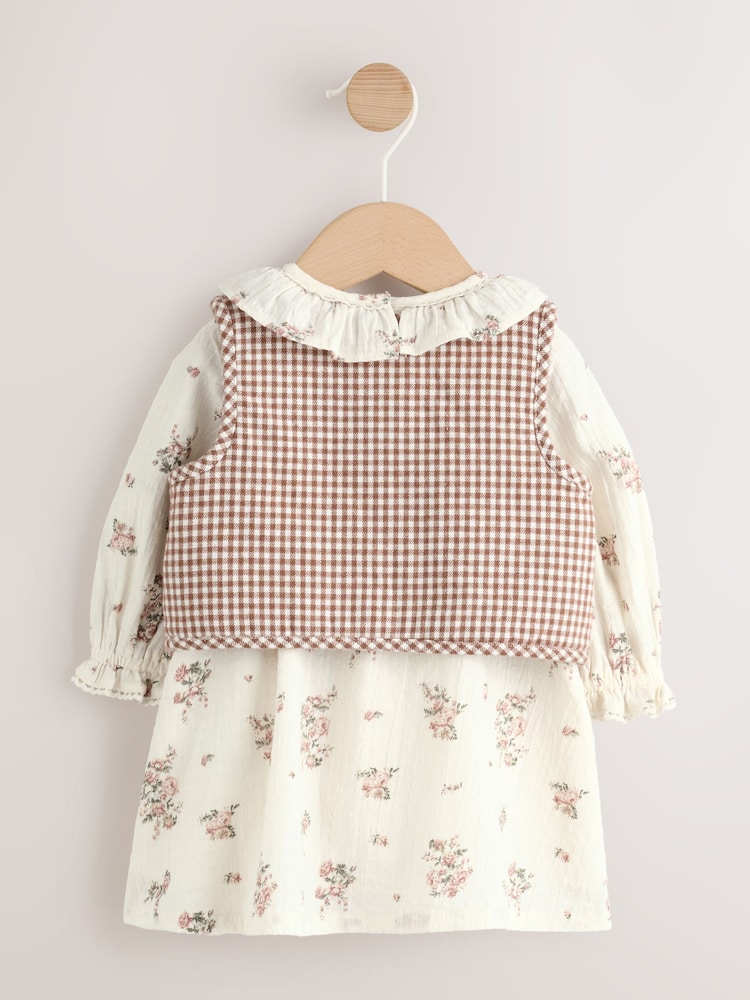 Ecru Floral Woven Baby Dress, Gilet And Tights 3 Piece Set (0mths-2yrs)