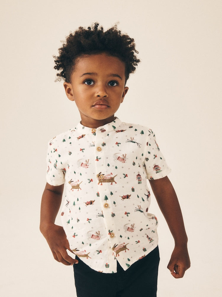 Ecru White Short Sleeve Grandad Collar Christmas Shirt (3mths-10yrs) - Ecru White / 12-18 Months (80-86cm)