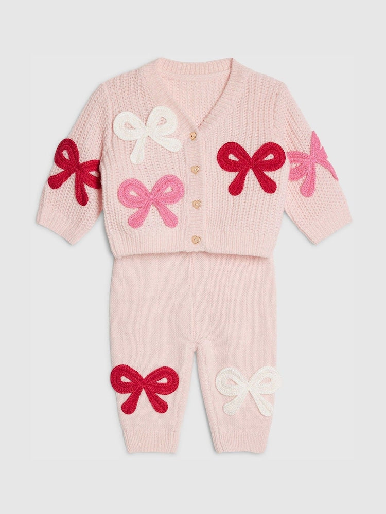 River Island Pink Knitted Bow Cardigan & Legging Set