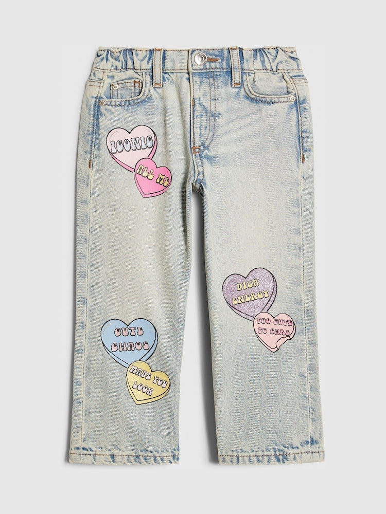 River Island Blue Loveheart Graffiti Straight Leg Jeans