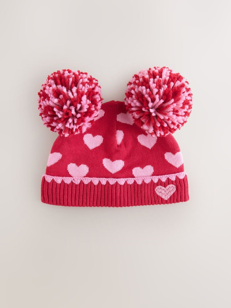 Red/Pink Heart Knitted Double Pom Baby Beanie